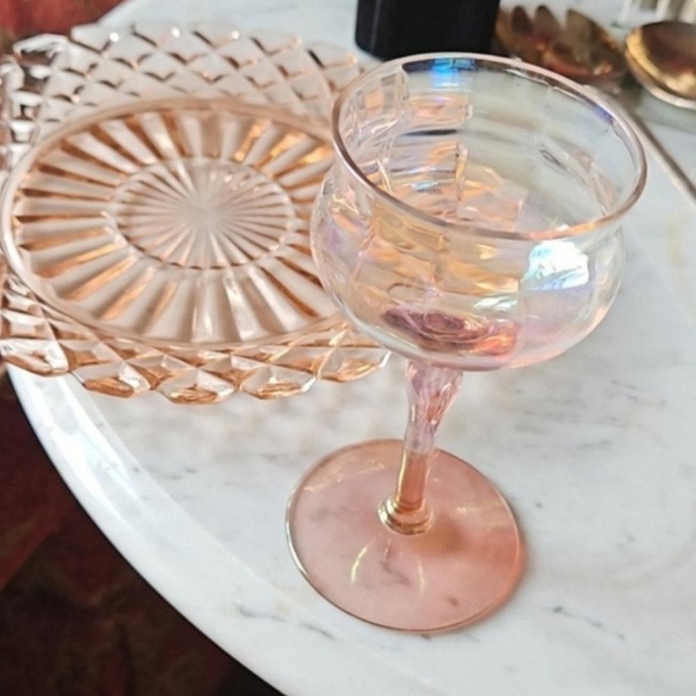 COPY Vtg pink crystal long stem glass & Mid-century NEWOLDSTOCK